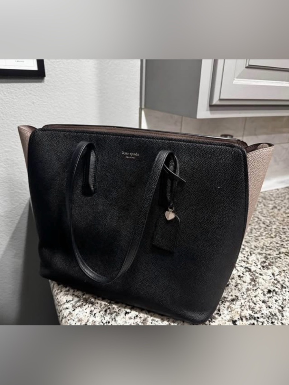 kate spade Black and Taupe Pebbled Leather Tote with Heart Charm